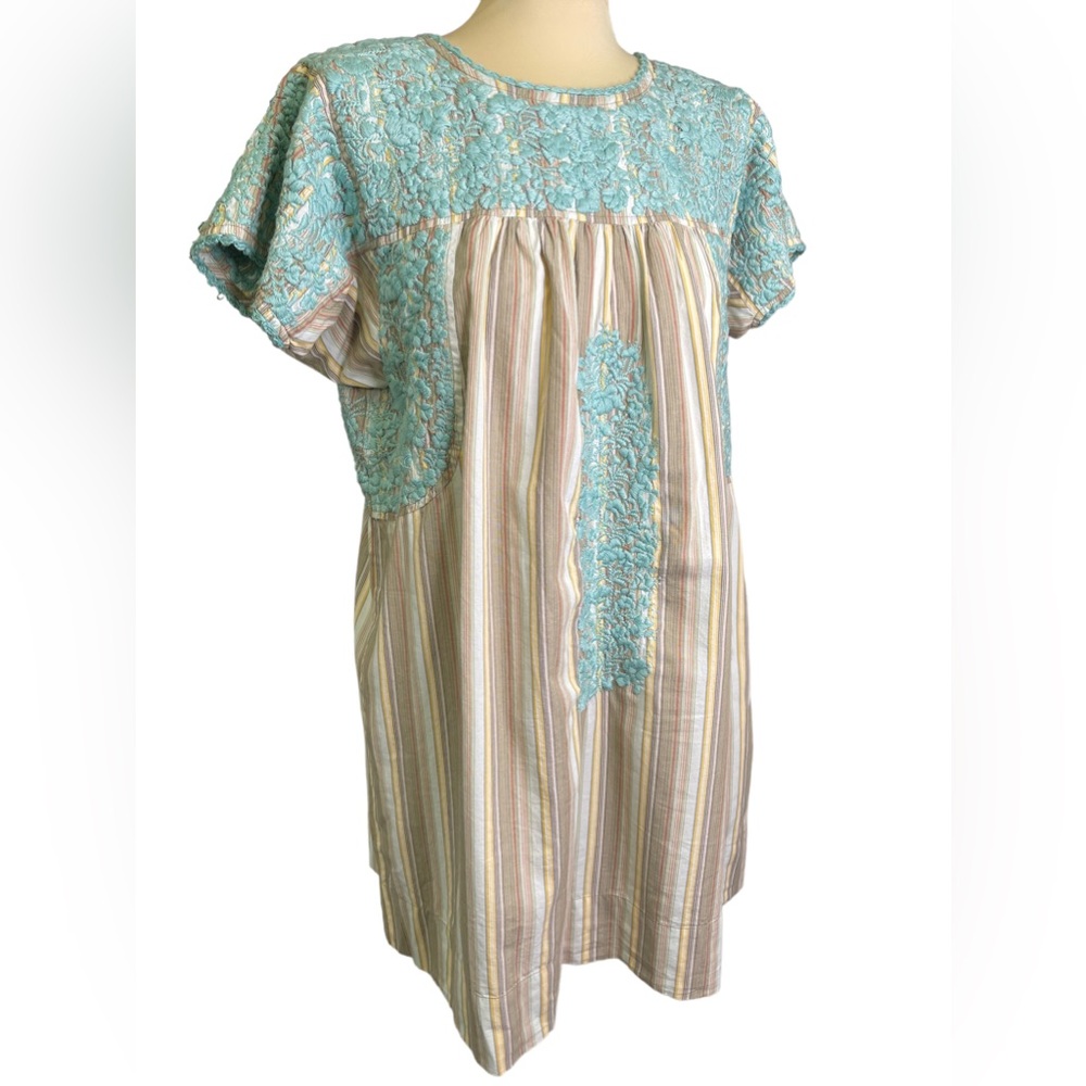 Anthropologie sister mary cotton striped embroidered tunic dress blue medium
